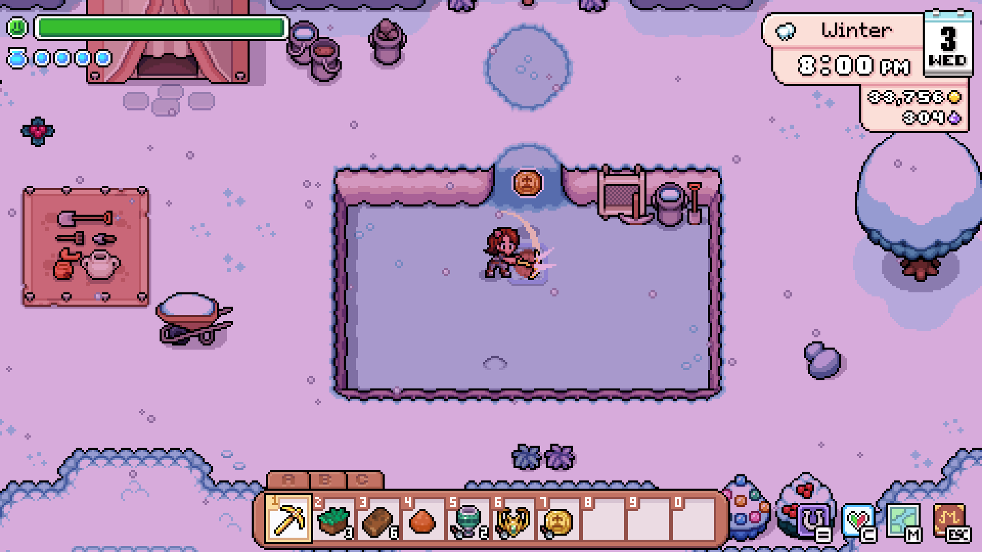 The player examining an archaeology dig site in Fields of Mistria