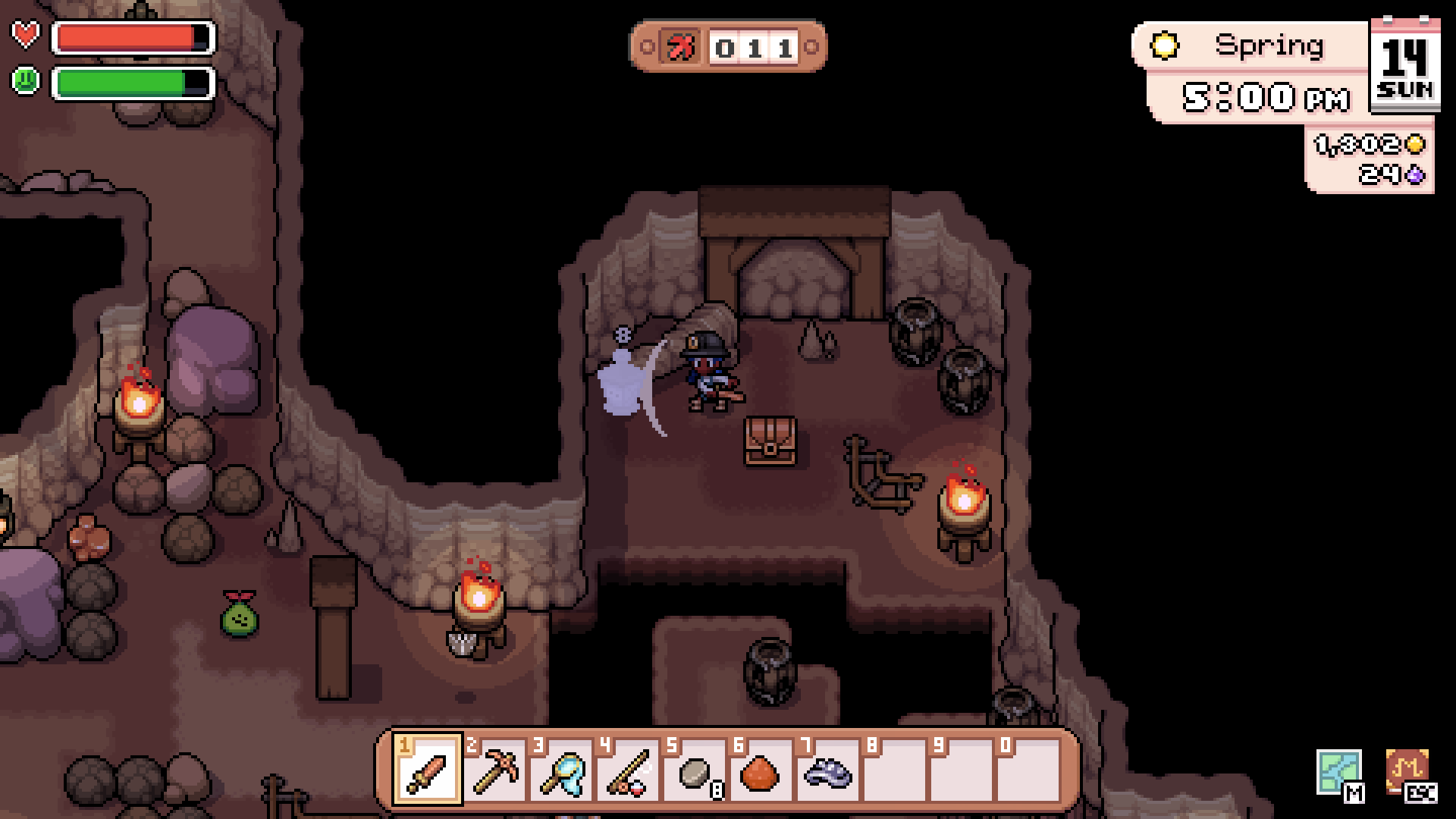 The player exploring the mines in Fields of Mistria