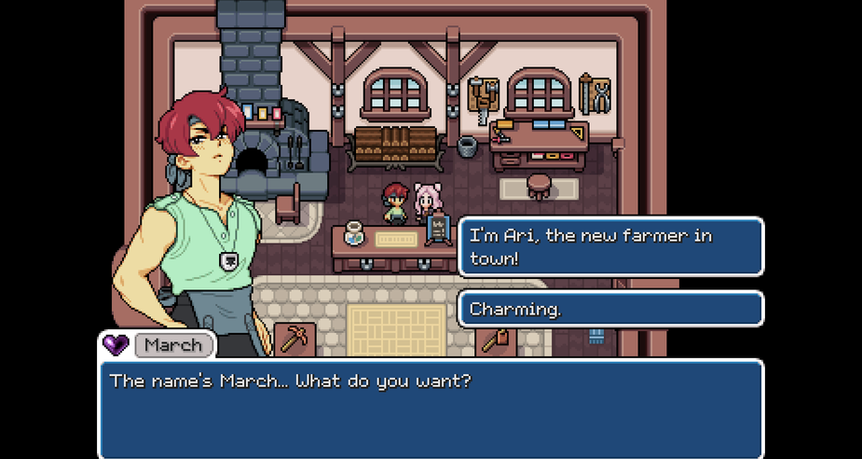 An official Fields of Mistria character conversation inside the blacksmith shop